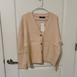 Light Beige V-Neck Button-Front Women's Cardigan Sweater